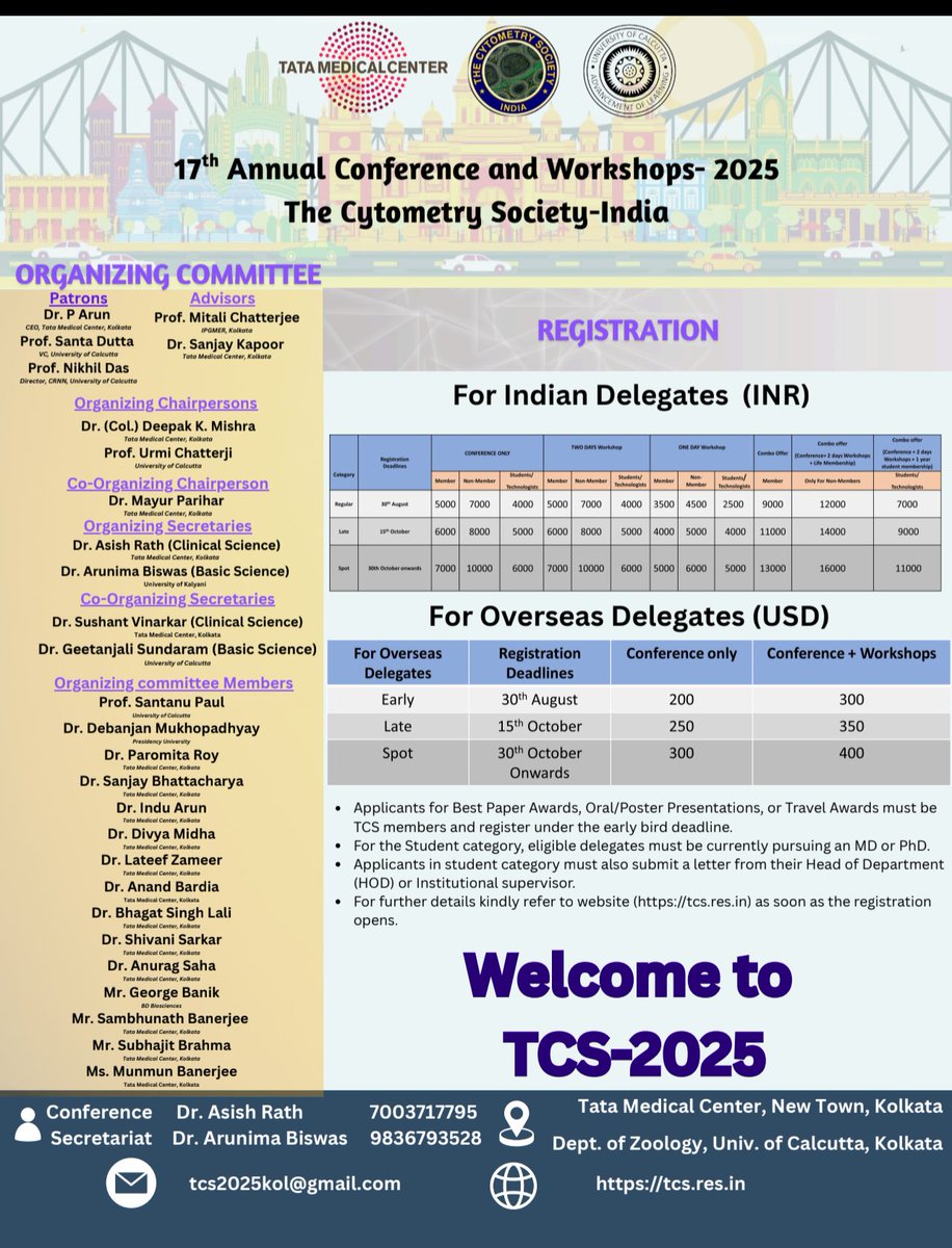 Excited to host TCS-2025 (Annual workshops and conference of The Cytometry Society, India) in the City of JoY. SAVE THE DATES AND JOIN US IN THIS ACADEMIC EXTRAVAGANZA!!!!
#FLOWTCS2025
<a href="/CytometryIndia/">THE CYTOMETRY SOCIETY</a>
<a href="/DrArunCMC/">Arun Kumar Arunachalam</a> <a href="/PrashantTembha1/">Prashant Tembhare</a> <a href="/drdatari/">Phaneendra Datari</a> <a href="/drkunalsehgal/">Kunal Sehgal</a> <a href="/SSVinarkar/">sushantvinarkar</a>