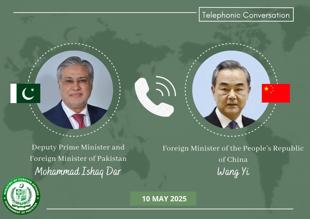 Deputy Prime Minister/Foreign Minister Senator Mohammad Ishaq Dar <a href="/MIshaqDar50/">Ishaq Dar</a> spoke today with the Foreign Minister of China, Wang Yi.

During the conversation, the DPM/FM briefed Foreign Minister Wang Yi on the evolving regional situation in the wake of last night’s Indian