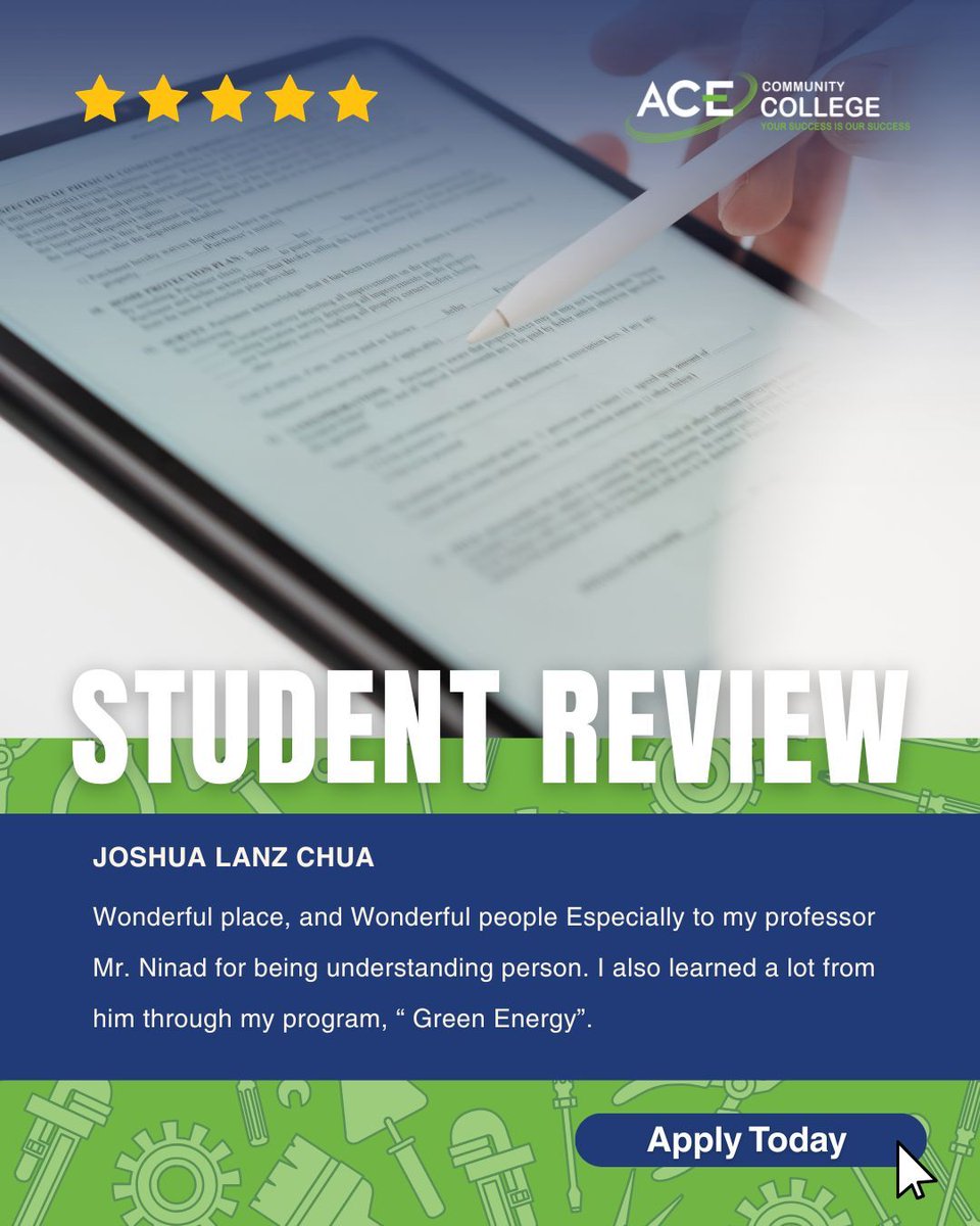 🌟 "Wonderful place, and wonderful people!"

Hear what Joshua has to say about his Green Energy program at ACE Community College 💚

Ready to start your journey? 👉 Apply Today! #StudentReview #GreenEnergy #ACECommunityCollege #CareerReady
