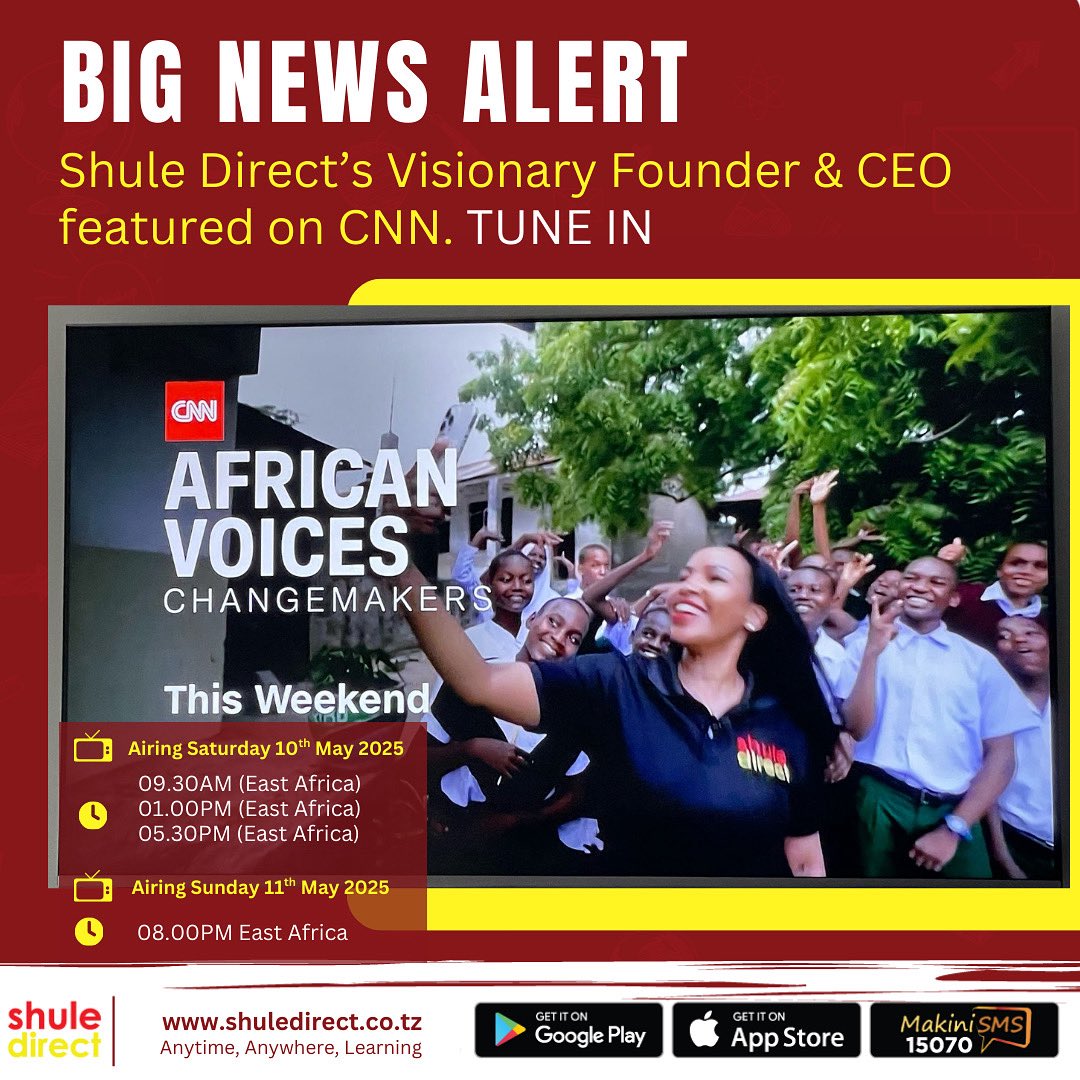 Proud moment! Our Founder and CEO <a href="/FarajaNyalandu/">Faraja Kotta</a>’s vision for #ShuleDirect featured on <a href="/CNN/">CNN</a> African Voices Changemakers hosted by the incredible <a href="/LarryMadowo/">Larry Madowo</a> Tune in to see the impact! #ShuleDirect #EdTech #AnytimeAnywhereLearning #QualityEducation #LearningForAll