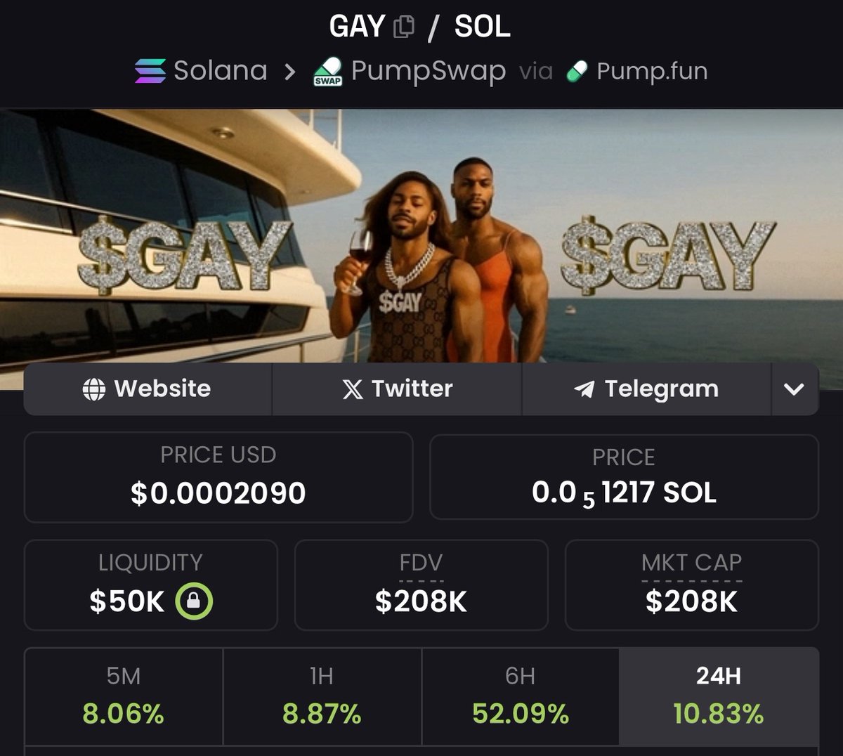 gayfellaseason's tweet photo. $GAY just hit 200k market cap.
Pride month is in 22 days. What do you think will happen? https://t.co/W8mcgfRJKL