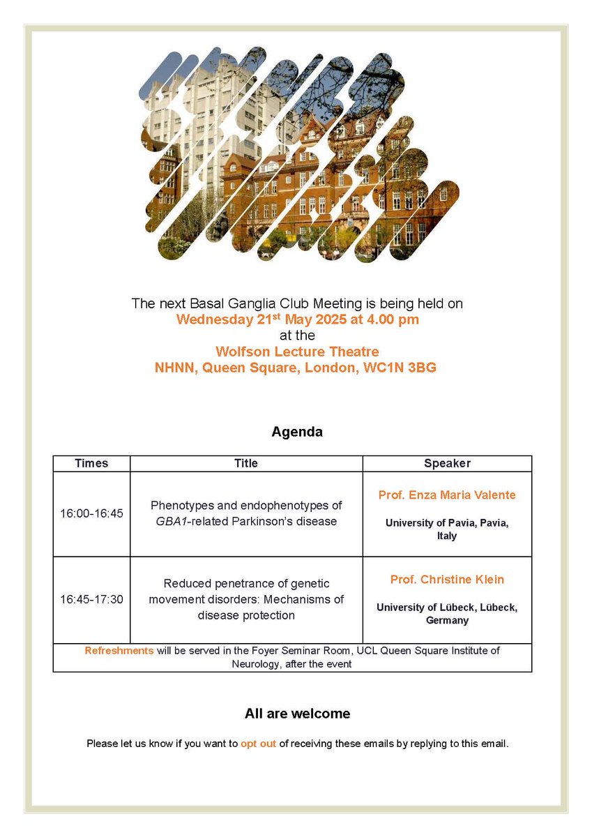 Francesca Magrinelli (@framagrinelli) on Twitter photo ⏳ Looking forward to the upcoming Queen Square Basal Ganglia Club Meeting on Neurogenetics of Movement Disorders with Prof. Valente from <a href="/unipv/">Università di Pavia</a> & Prof. Klein from <a href="/UniLuebeck/">Universität Lübeck</a>. NHNN, May 21, 4 PM. All welcome. Please RT <a href="/kailashbhatia/">Kailash Bhatia,</a> <a href="/UCLIoN_DCMN/">Clinical and Movement Neurosciences @ UCL IoN</a> <a href="/MDC_IoN_UCL/">MovementDisordersUCL</a> <a href="/UCLIoN/">UCL Queen Square Institute of Neurology</a> ⏳ Looking forward to the upcoming Queen Square Basal Ganglia Club Meeting on Neurogenetics of Movement Disorders with Prof. Valente from <a href="/unipv/">Università di Pavia</a> & Prof. Klein from <a href="/UniLuebeck/">Universität Lübeck</a>. NHNN, May 21, 4 PM. All welcome. Please RT <a href="/kailashbhatia/">Kailash Bhatia,</a> <a href="/UCLIoN_DCMN/">Clinical and Movement Neurosciences @ UCL IoN</a> <a href="/MDC_IoN_UCL/">MovementDisordersUCL</a> <a href="/UCLIoN/">UCL Queen Square Institute of Neurology</a>