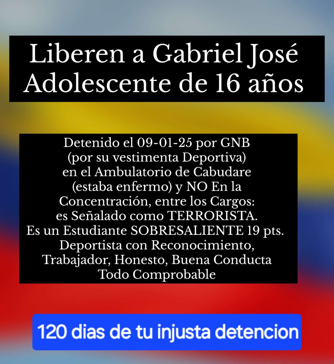 AlexisFRamosP's tweet photo. #10May Hoy recordamos al adolescentes Gabriel José Rodríguez, el único Adolescentes que queda privado de libertad en el Edo Lara desde hace 4 meses. Alzamos la voz por el respeto a sus derechos y solicitamos su Libertad!! https://t.co/ylLE3ZQCr7