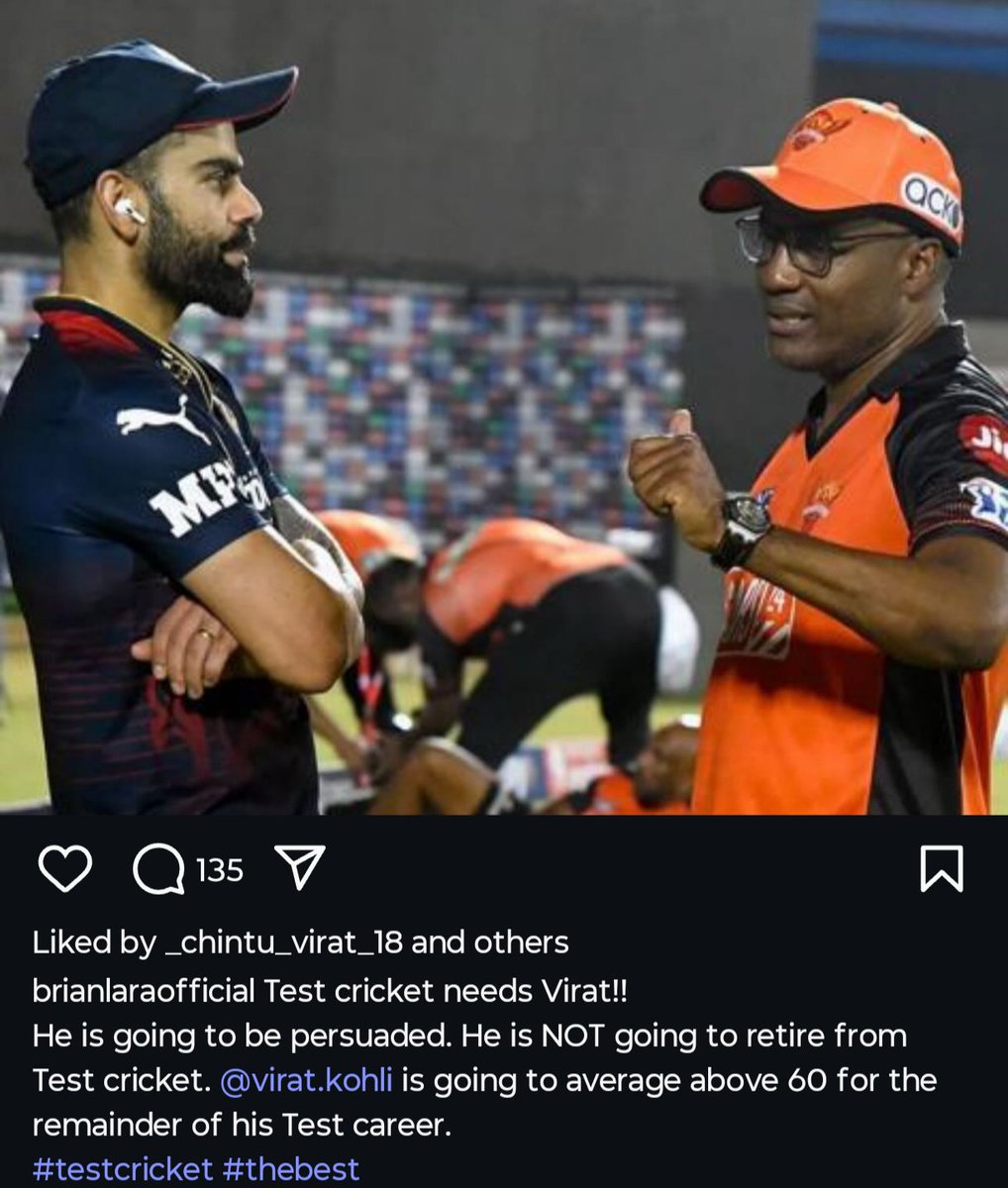 CricCrazyJohns's tweet photo. TEST CRICKET NEEDS VIRAT KOHLI 🐐

- Instagram story by Legendary Brian Lara. https://t.co/A2P8N4UIG5