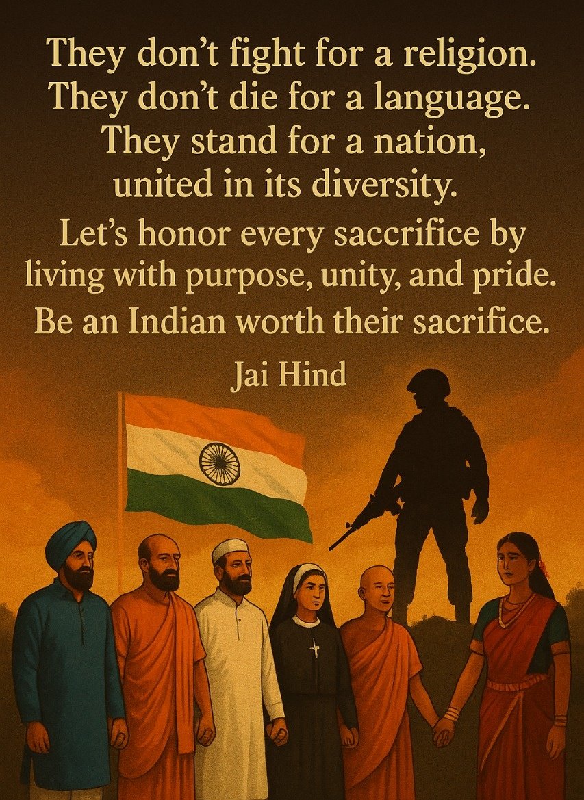 grvroy90's tweet photo. They don’t fight for a religion. They don’t die for a language.
They stand for a nation, united in its diversity.
Let’s honor every sacrifice by living with purpose, unity, and pride.
Be an Indian worth their sacrifice. 🇮🇳
Jai Hind!

#UnityInDiversity #IndianArmy  #JaiHind https://t.co/hSJ9xyuhcA
