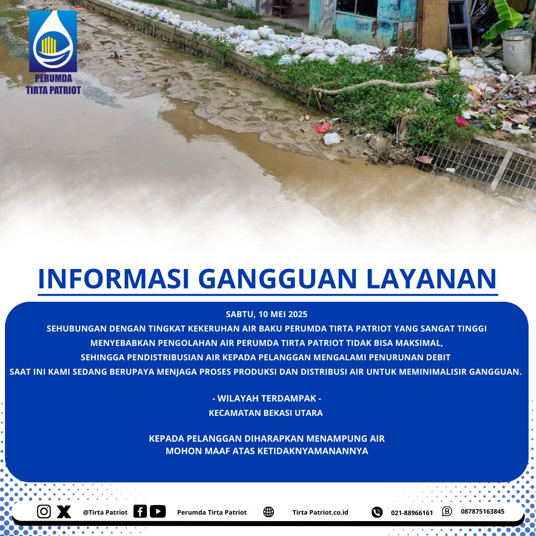 Informasi Gangguan Layanan 

Sehubungan dengan tingkat kekeruhan air baku yang sangat tinggi menyebabkan pengolahan air tidak maksimal, Kepada pelanggan di wilayah terdampak di harapkan untuk segera menampung air.

Mohon maaf atas Ketidaknyamanannya 

#HumasTirtaPatriot