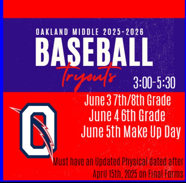 Oakland Middle Baseball (@omsbaseball) on Twitter photo OMS Baseball Tryouts for 2025-2026!Registration will start each day at 3:00. Physical must be dated after April 15, 2025. Please email Coach Smith if you have any questions. smithda@rcschools.net
Finalforms Link: rutherford-tn.finalforms.com OMS Baseball Tryouts for 2025-2026!Registration will start each day at 3:00. Physical must be dated after April 15, 2025. Please email Coach Smith if you have any questions. smithda@rcschools.net
Finalforms Link: rutherford-tn.finalforms.com