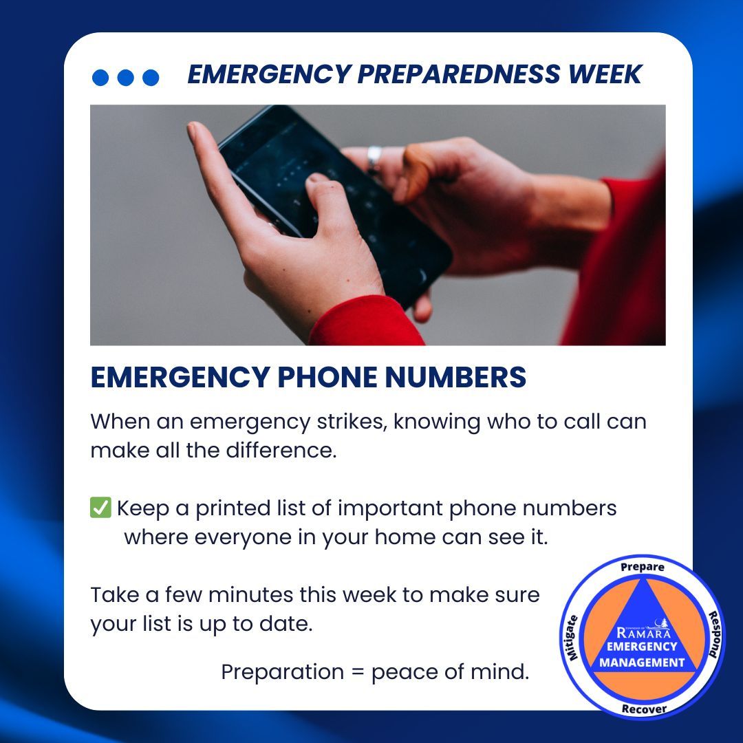 📢 Emergency Preparedness Week Day 7 - Emergency Phone Numbers 📢 

When an emergency strikes, knowing who to call can make all the difference!

✅ Keep a printed list of important phone numbers

Take a few minutes this week to make sure your list is up to date.