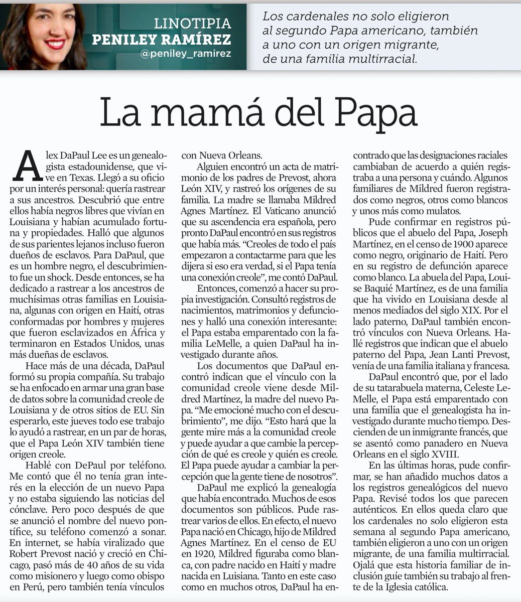 Alberto Pérez C 🎗️ (@alpeca) on Twitter photo 🔔 “La mamá del Papa” de <a href="/peniley_ramirez/">Peniley Ramírez</a> ✍️ interesantísimo: origen migrante y multirracial en la #genealogía 🧬 del Papa #LeonXIV 🇻🇦👇cc <a href="/aciprensa/">ACI Prensa</a> 🔔 “La mamá del Papa” de <a href="/peniley_ramirez/">Peniley Ramírez</a> ✍️ interesantísimo: origen migrante y multirracial en la #genealogía 🧬 del Papa #LeonXIV 🇻🇦👇cc <a href="/aciprensa/">ACI Prensa</a>