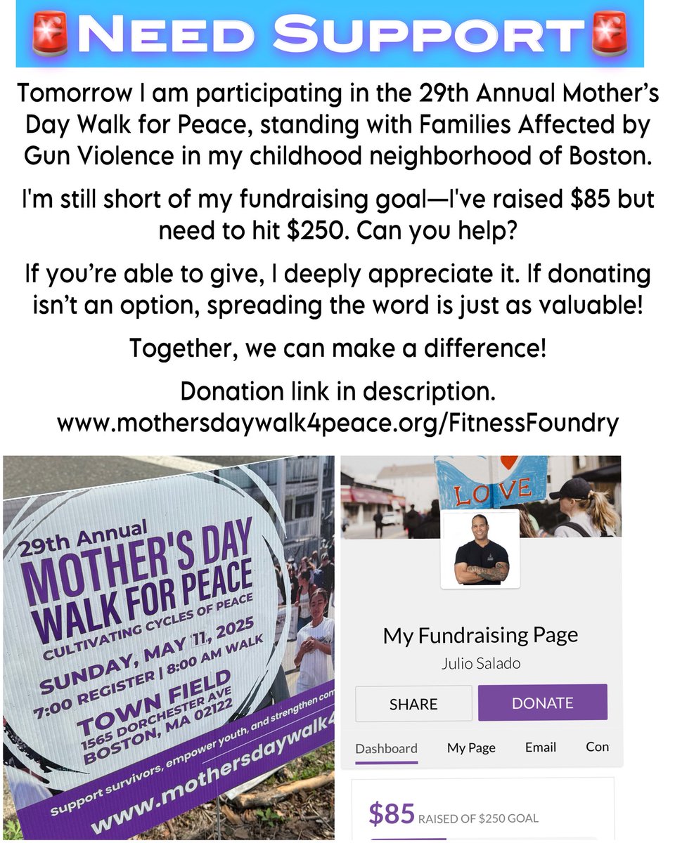 HEAD’S UP!
The 29th annual Mother’s Day Walk for Peace, a Boston tradition and one of @LDBpeaceInst’s biggest fundraisers, is tomorrow! The program begins at 8 am in Fields Corner, and the 3.2 mile walk will begin at 9:30 am.
Help Coach Julio reach his goal of $250!