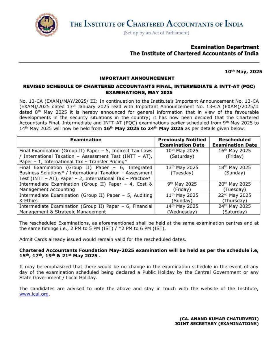 ICAI EXAM REVISED DATES