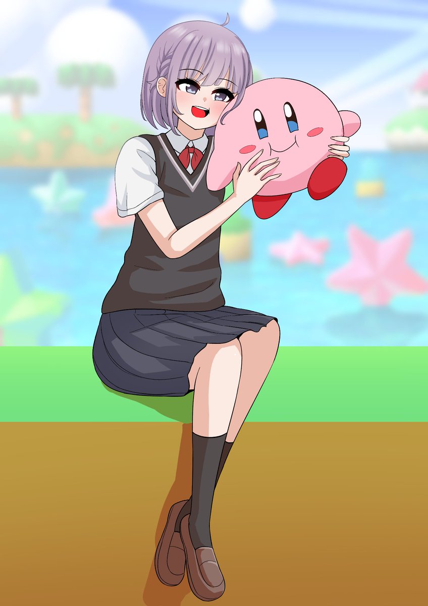 Here's a surprise gift drawing for <a href="/weee_desu/">raemz</a>!!! I commissioned <a href="/The_Only_Shoe/">The Shoe</a> to draw her while she holds her favorite character, Kirby and they are in Dreamland as well! 💖😄💖😄💖