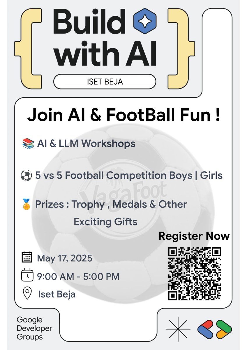 🚀⚽ Tech meets team spirit at BuildWithAI – ISET Béja!

Join us on May 17, 2025, for a unique mix of innovation and sport 

🔗 Registration : bit.ly/4iYBf2S

🎓 AI &amp; LLM Workshops
⚽ 5v5 Football Tournament (Boys &amp; Girls)
🏅 Prizes, Medals &amp; Epic Simulation Games!