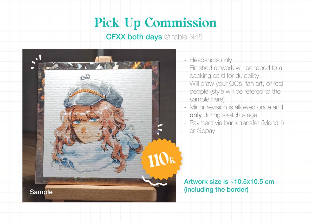 mentegamadu's tweet photo. Hi! Aku buka jasa commission untuk di-pick up di lokasi CFXX (both days!!) kalau tertarik bisa DM aku, thank youu 🥹✨
#CFXX #ComifuroXX #Comifuro20 https://t.co/gU7g2ficKl