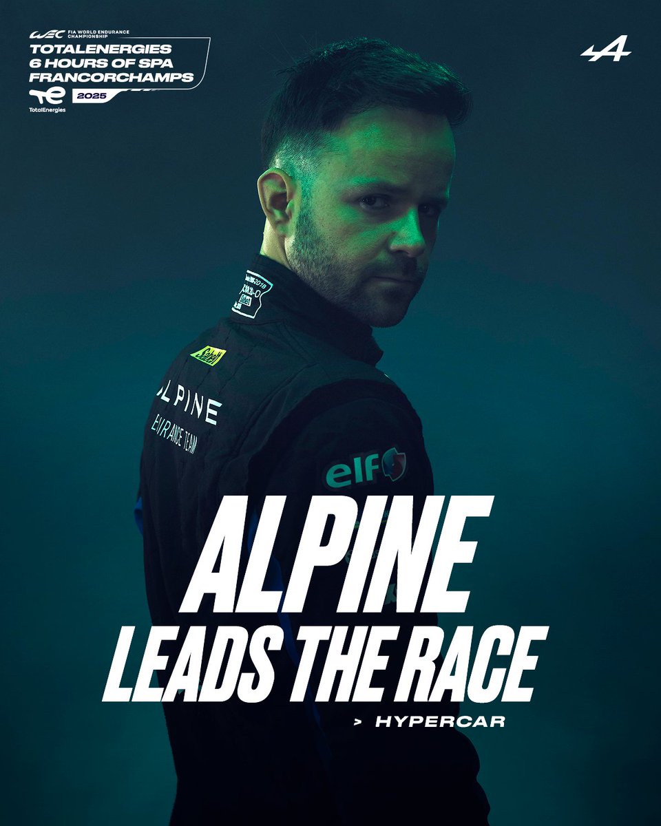 ALPINE LEAD the TotalEnergies 6 Hours of Spa! 🇧🇪

What an incredible drive so far -  can they keep up the momentum? 

Watch LIVE on FIAWEC.TV 🎥

#WEC #6HSpa <a href="/SignatechAlpine/">Alpine Endurance Team</a> <a href="/JulesGounon/">Jules Gounon</a>