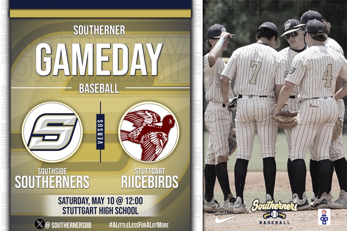 Seeding game to finish up regionals! 

📍: Stuttgart High School 

🆚: Stuttgart Ricebirds 

⏰: 12:00pm 

#SouthsideBaseball #ALittleLessForAlotMore