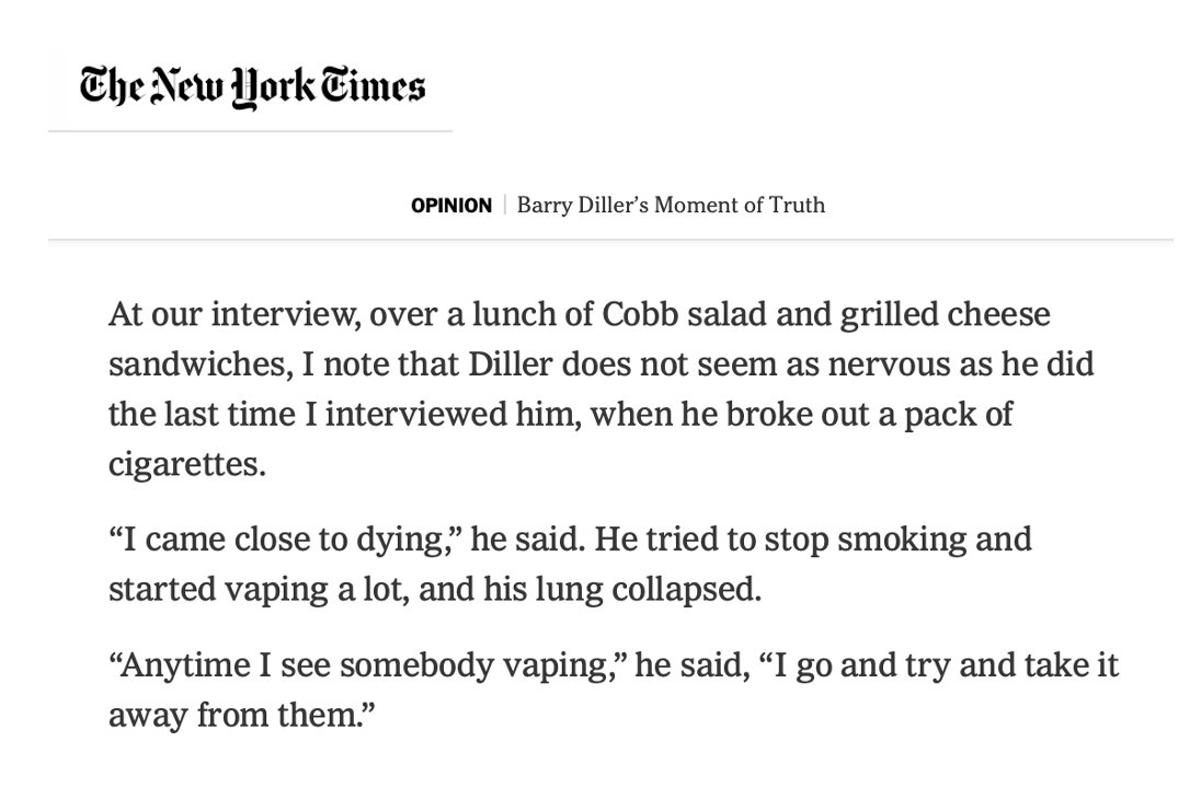 Tobacco control puritans and the press can't tie nicotine vaping to lung injuries with actual, clinical evidence -- there isn't any -- instead they just hype people who fantasize it. Wildly irresponsible example today in interview w mogul Barry Diller.
archive.is/yzO1h