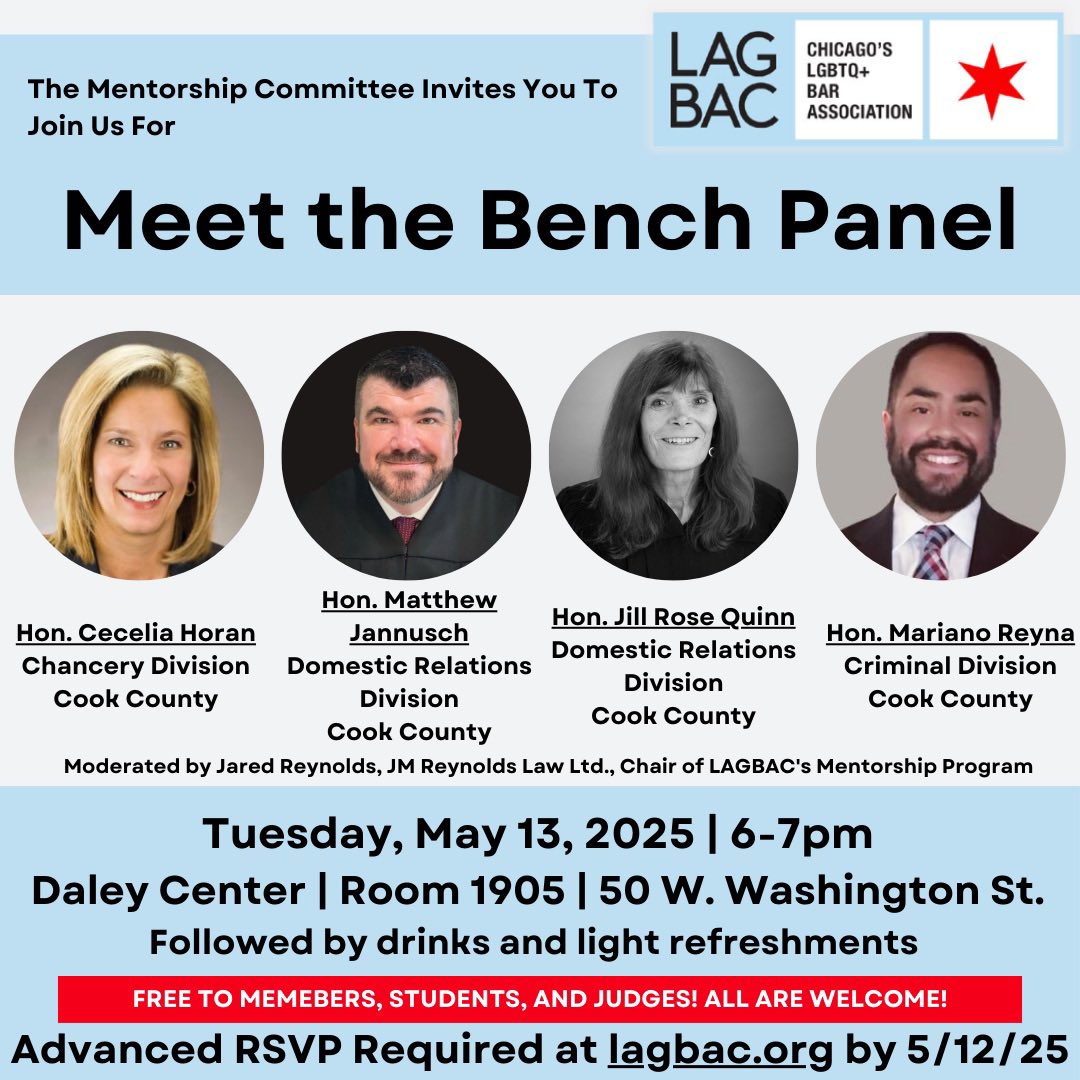 Tuesday is <a href="/LAGBAC/">LAGBAC</a>’s “Meet the Bench” Panel!  Join us for a chance to hear directly from Illinois Circuit Court judges and ask your questions.  Free for members, students and judges and $25 for non-members.  RSVP is required at lagbac.org/product/meet-t….  See you next week!
