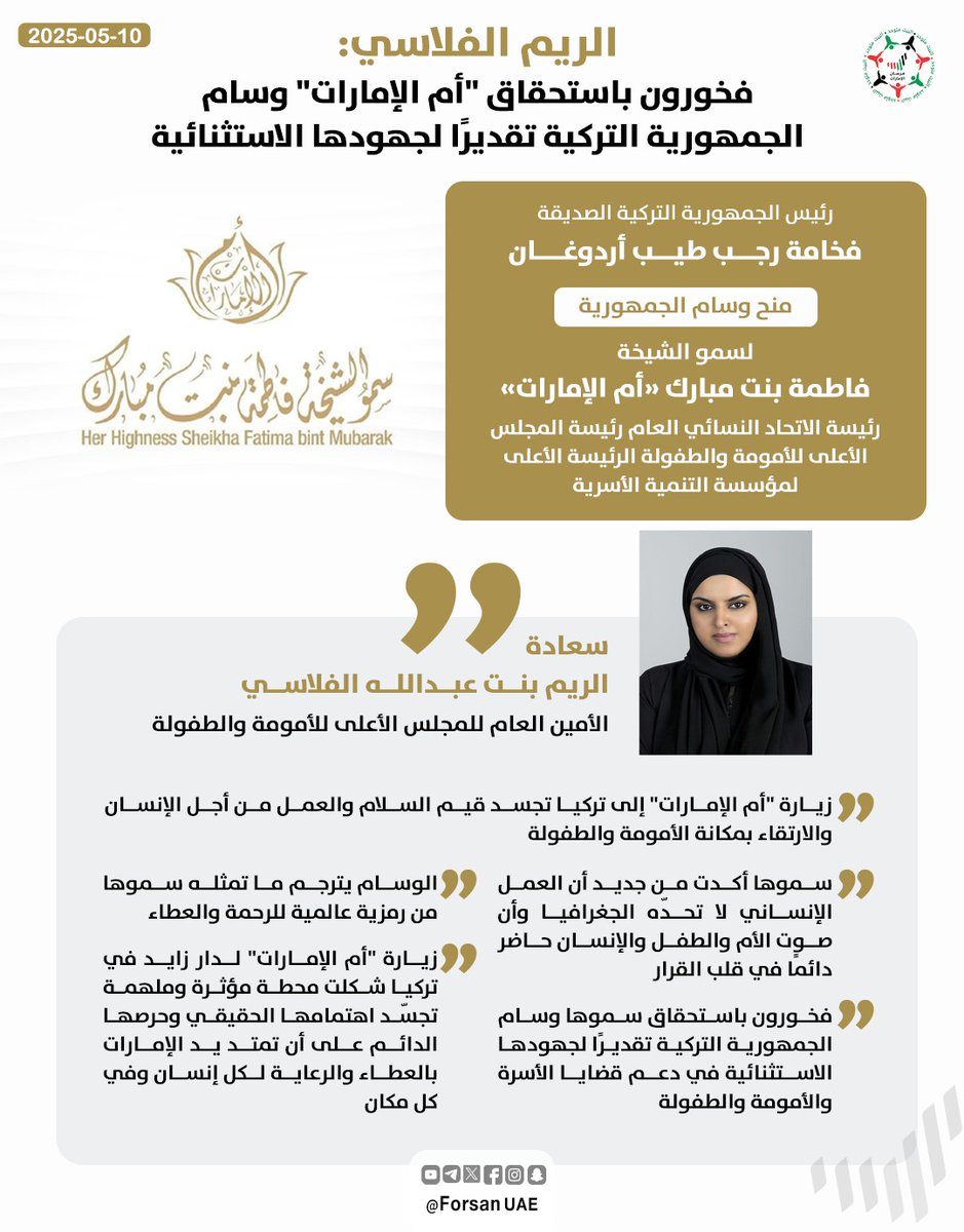 سعادة الريم بنت عبدالله الفلاسي، الأمين العام للمجلس الأعلى للأمومة والطفولة: فخورون باستحقاق "#أم_الإمارات" وسام الجمهورية التركية تقديرًا لجهودها الاستثنائية، والوسام يترجم ما تمثله سموها من رمزية عالمية للرحمة والعطاء