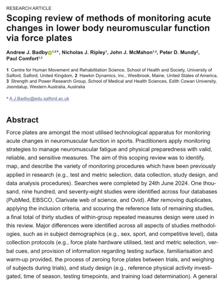 🚨 🆕 Force plates are everywhere in elite sport!  

But when it comes to using them for fatigue monitoring? The research landscape is chaotic. 

In our latest scoping review, we’ve mapped out the diverse force plate methodologies of published research - highlighting key