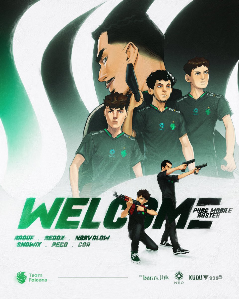 Built for pressure, made to win 😎💚! Welcome our new PUBG Mobile roster 

— الأفضل يعرف طريقه.. وفالكونز وجهته 🫡
رحـبـوا بفريقنا الجديد في لعبة ببجي موبايل 🦅⚡️

#FalconsAreHere
