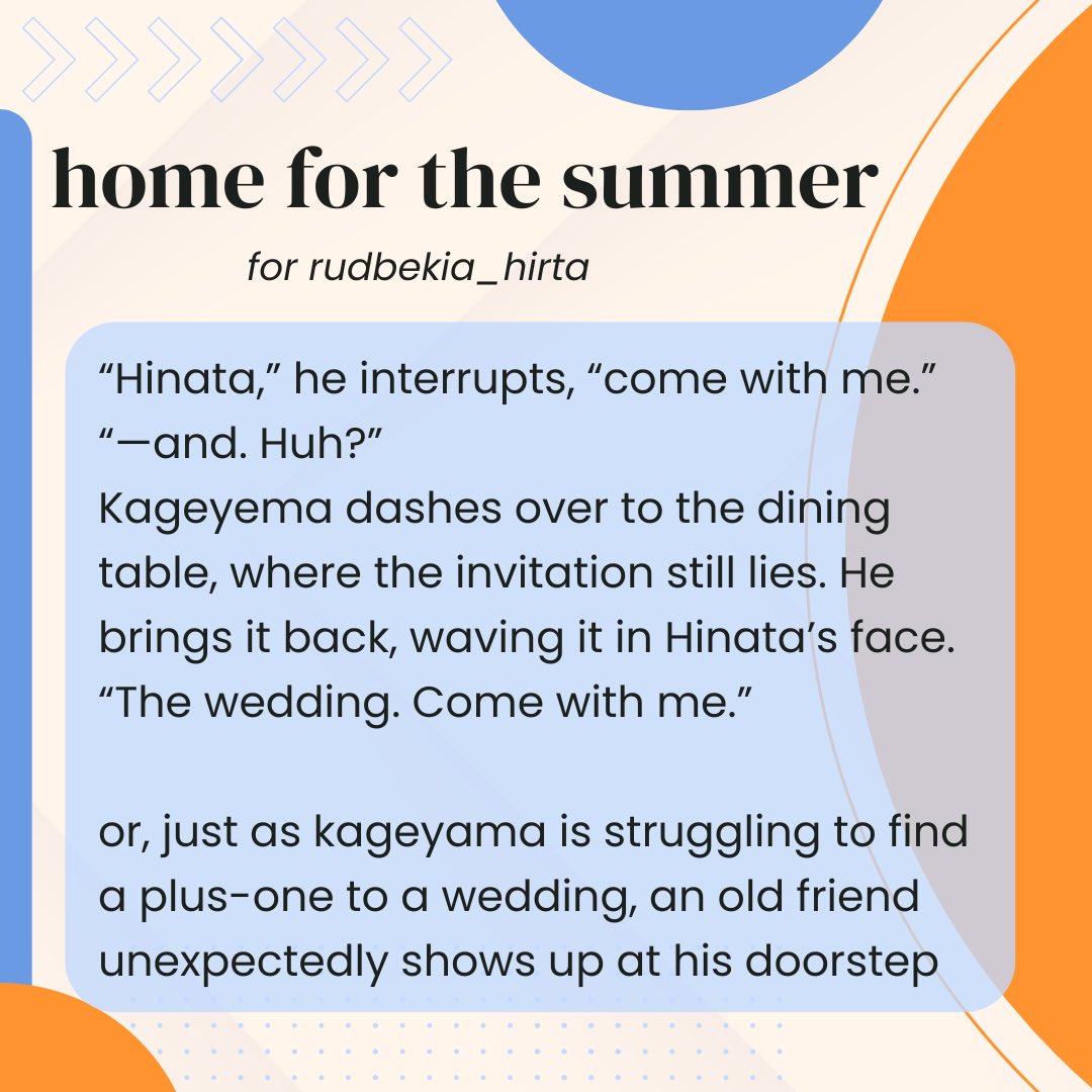 💙 home for the summer
🧡 For @kibble_paro 
🌸 Rated G
🏐 5.7k | Didn’t Know They Were Dating

archiveofourown.org/works/65278513