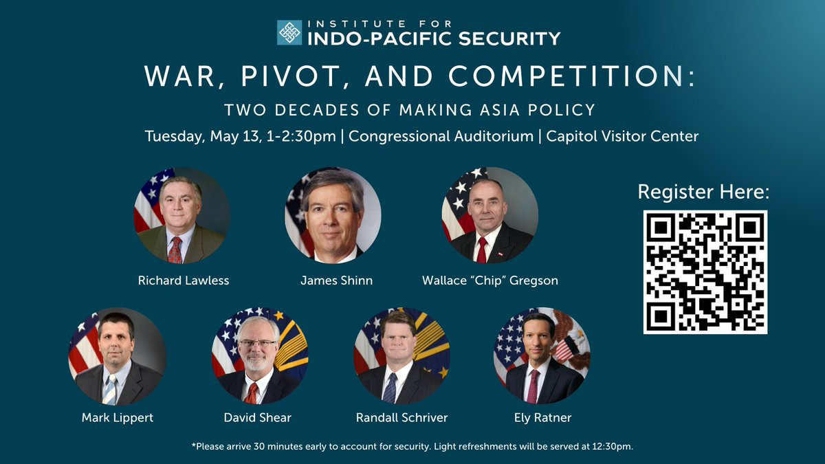 Call for RSVPs! 

Join us at the Capitol Visitor Center, May 13, for “War, Pivot, and Competition - Two Decades of Making Asia Policy." 

To event attendees, please aim to arrive early to account for security. Register below:
ow.ly/T8sY50VNaqh