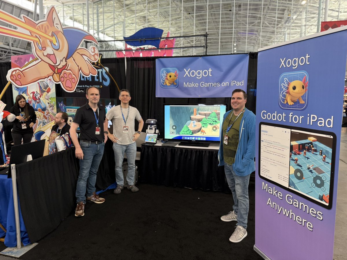 Hanging out with <a href="/jtclancey/">James Clancey</a> and <a href="/migueldeicaza/">Miguel de Icaza ᯅ🍉</a> at the Xogot booth at PAX East this weekend. Come by to see Godot running on the iPad, or just say “Hi”