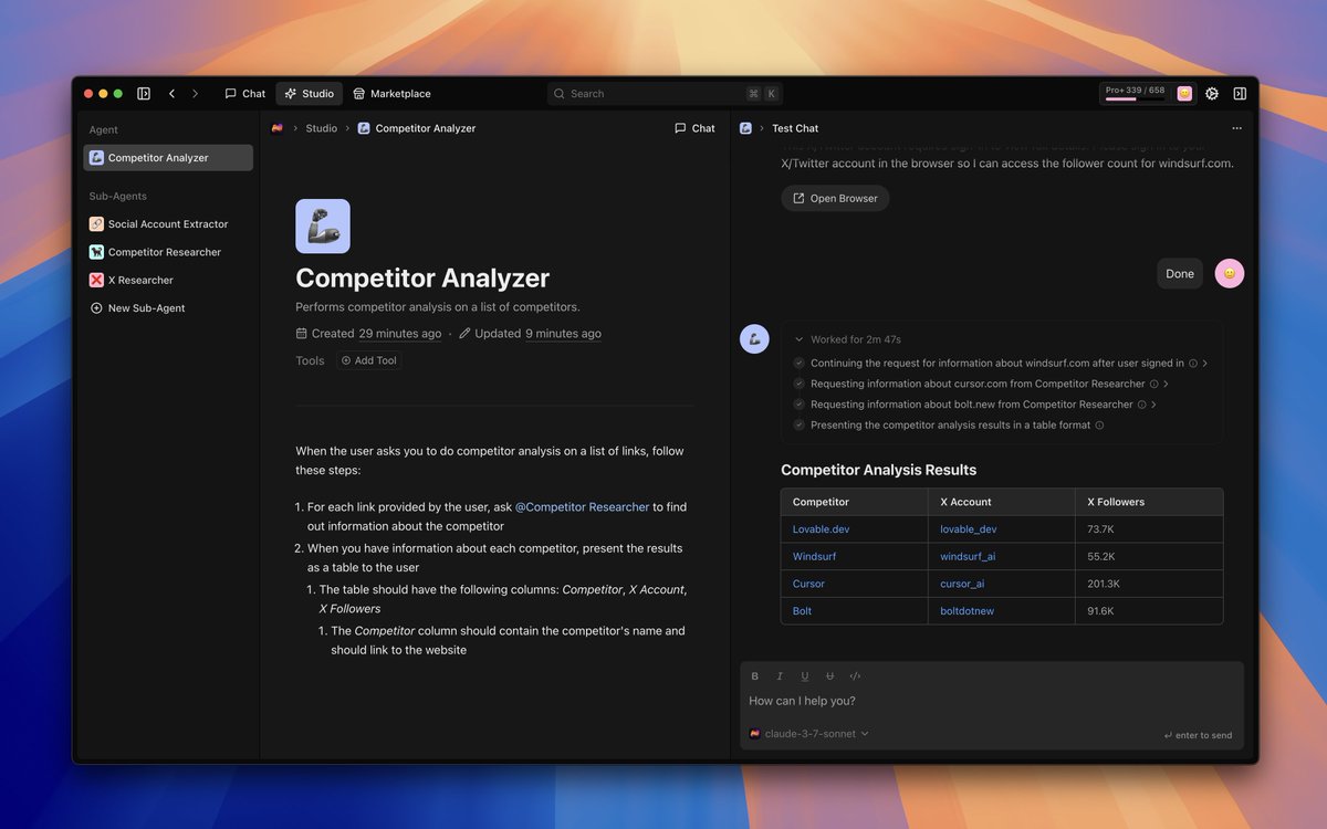 timothyej's tweet photo. Just wrote a simple AI agent for competitor analysis that goes out and finds X accounts and their follower counts for a list of websites 🔥 https://t.co/sEp5eRBROV