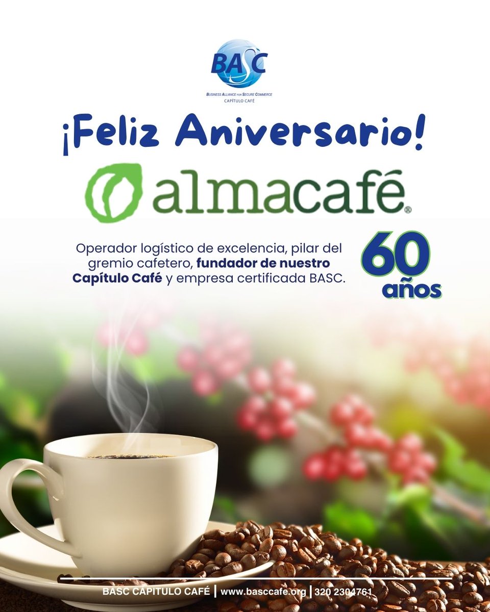 🎉 Celebramos los 60 años de Almacafé

Operador logístico de excelencia, pilar del gremio cafetero, fundador del Capítulo Café y empresa certificada BASC.

¡Gracias por 60 años de compromiso con la calidad, la seguridad y el comercio responsable! ☕🚛

#Almacafé60Años #BASCCafé