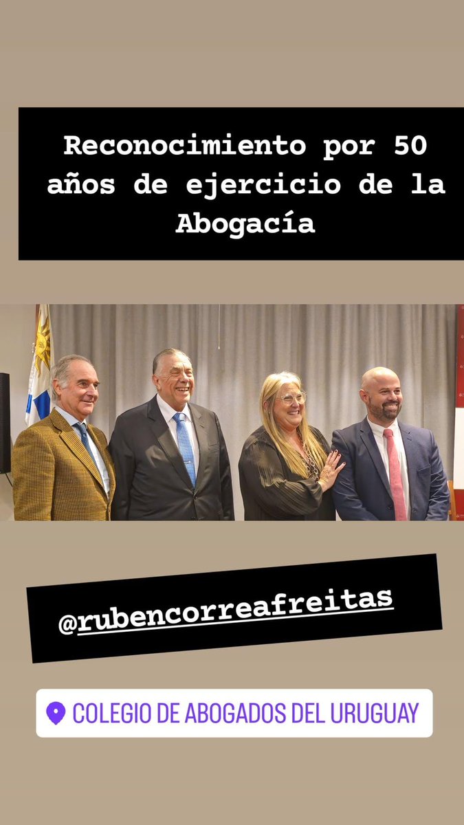 Mi agradecimiento al Colegio de Abogados del Uruguay, por haberme distinguido por mis 50 años como Abogado. Mi compromiso es el de siempre, luchar por el Derecho y la Justicia.