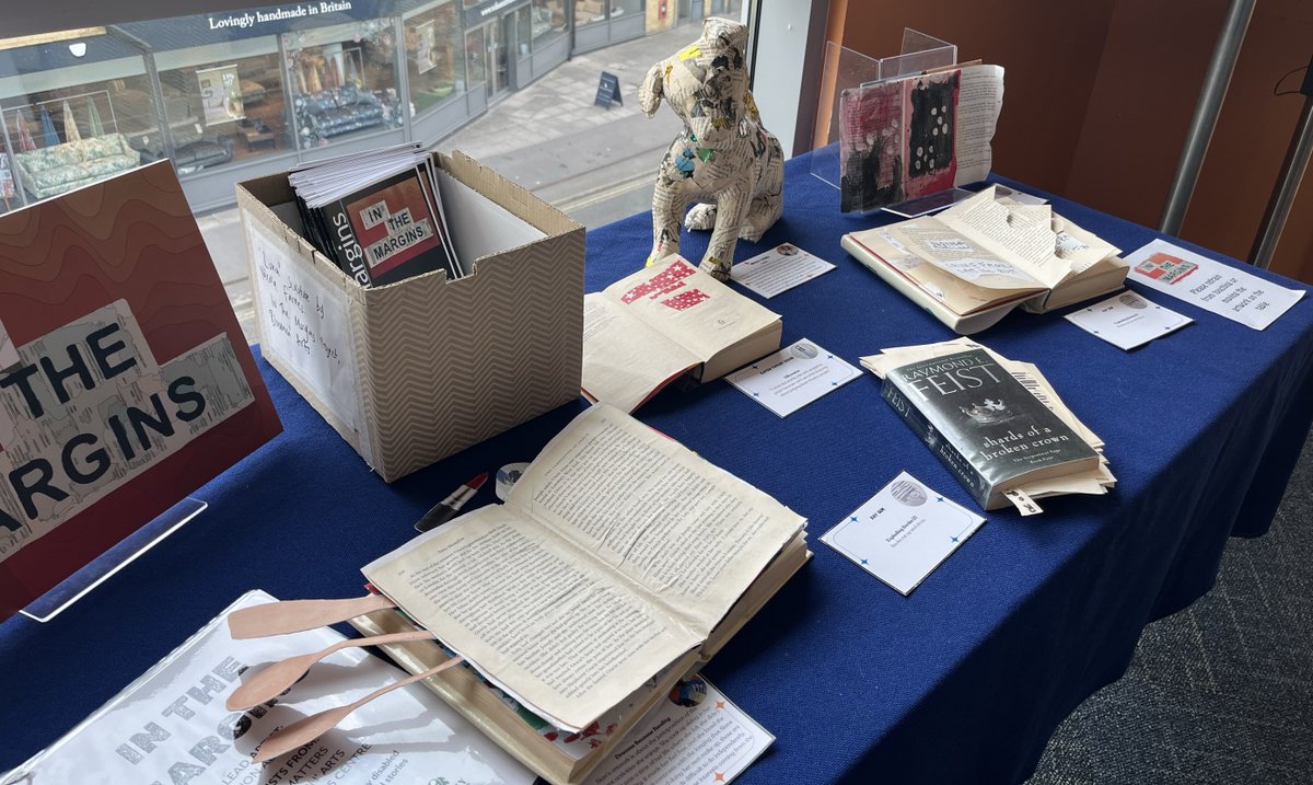 WaltonLibrary's tweet photo. We're proud to be hosting the #InTheMargins display at Walton Library. Disabled Artists have found creative ways to recycle books destined for pulping into works of art. Come in and see what they've made! @SurreyLibraries @daisy_artsuk #DisabilityArts https://t.co/VwZq7VjdP3