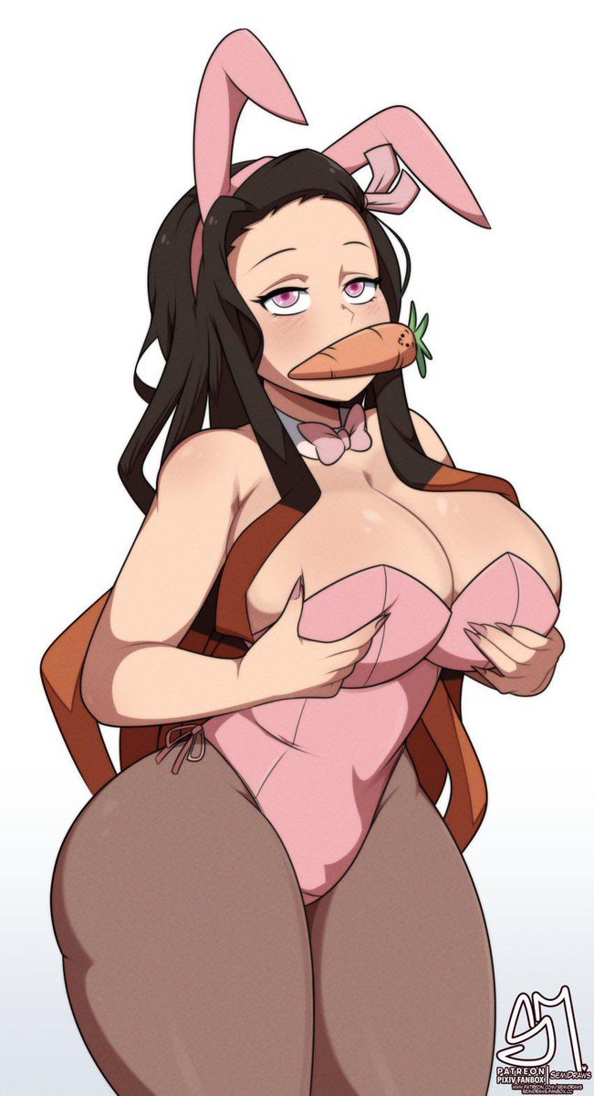 Dem0n_Slut's tweet image. Mpmm~ mpmm! Mm~! 

*Nezuko grabbed her tits and looked up at the reader, she wore a bunny suit*

#nsfwtwt #DemonSlayerRP #EroticRP #ERP #RP
