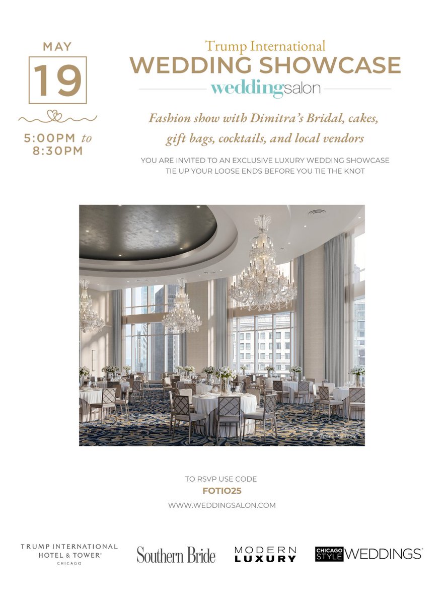 We are excited to attend the <a href="/WeddingSalon/">Wedding Salon</a> Wedding Showcase with <a href="/southernbride/">Southern Bride</a> <a href="/ModernLuxury/">Modern Luxury</a> <a href="/ChiStyleWed/">Chicago Style Weddings - The Celebration Society</a> and <a href="/TrumpChicago/">Trump Chicago</a> RSVP here!