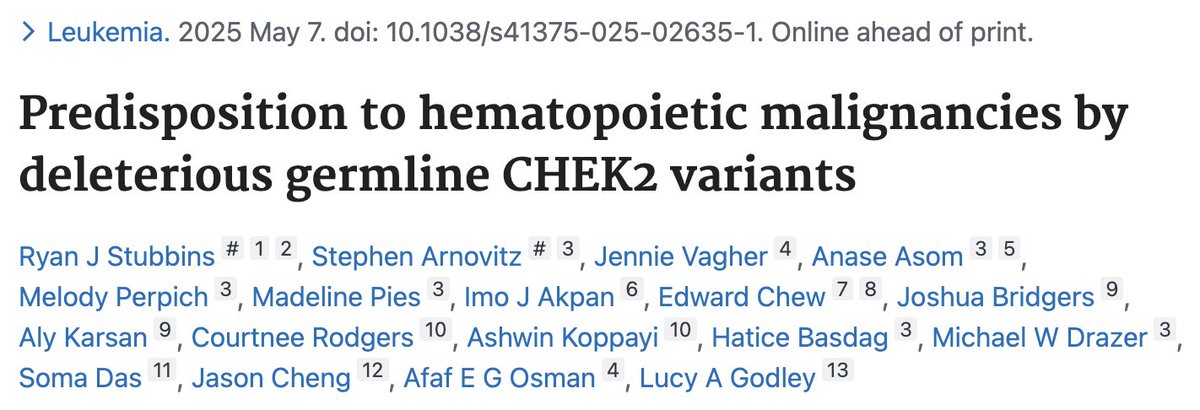 UChicago Leukemia Program (@uchicagoleuk) on Twitter photo more new work featuring <a href="/michaelwd_hem/">Michael Drazer</a> as co-author! This paper in <a href="/LeukemiaJnl/">Leukemia Journal</a> looks at deleterious CHEK2 germline variants
pubmed.ncbi.nlm.nih.gov/40335619/ more new work featuring <a href="/michaelwd_hem/">Michael Drazer</a> as co-author! This paper in <a href="/LeukemiaJnl/">Leukemia Journal</a> looks at deleterious CHEK2 germline variants
pubmed.ncbi.nlm.nih.gov/40335619/
