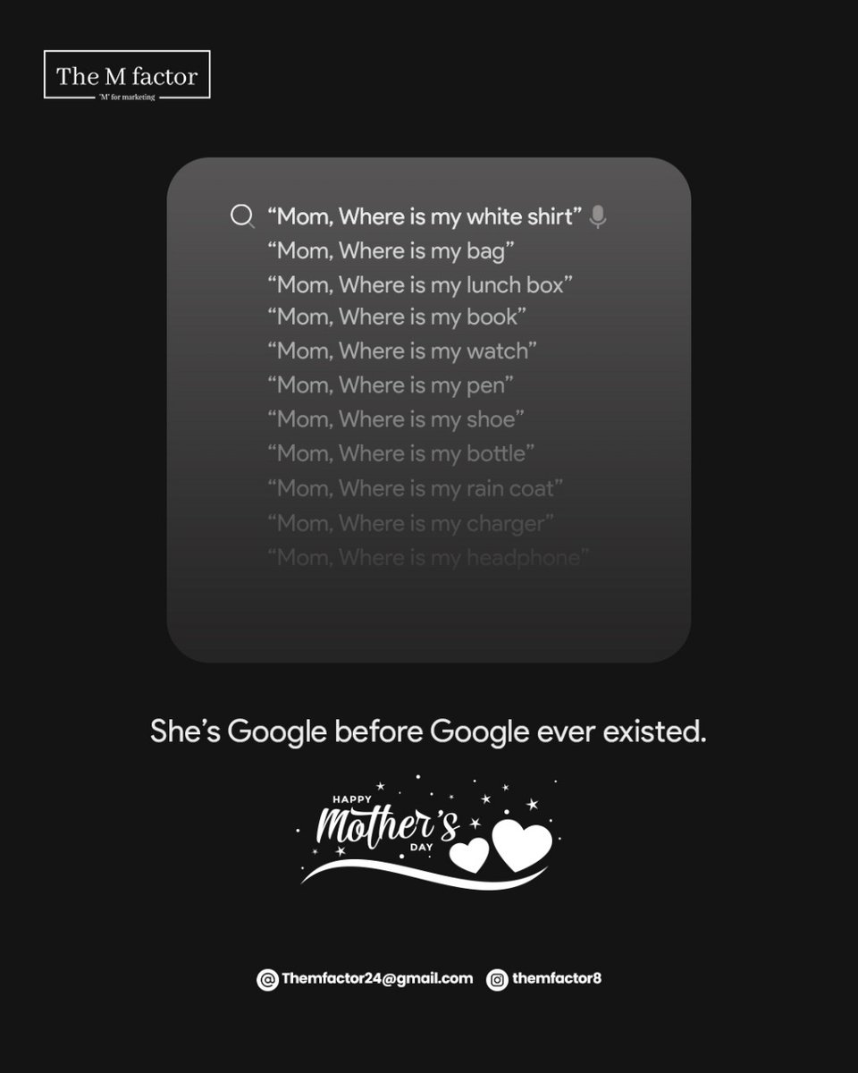 themFactor8's tweet photo. Before we typed into Google, we called out to Mom. Her memory is sharper than any database, and her love is unmatched. Let’s honor our first go-to guide this Mother's Day!

#HappyMothersDay #MomKnowsBest #MothersDay2025 #ThankYouMom #TheMFactor #advertisingagency #Marketing https://t.co/yveHdumwrj