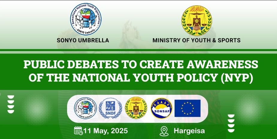 Join us on 11 May 2025 in Hargeisa for Public Debates to create awareness of the National Youth Policy (NYP)
Organized by MoYS &amp; SONYO Umbrella, this event brings youth voipces to the forefront of national policy. @Bararhotel
#SomalilandNationalYouthPolicy #YouthDebates