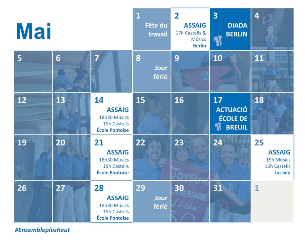 Voici notre calendrier de mai ! 😍

Après une semaine de repos post-Berlin, on reprendra nos répétitions le mercredi 14/05 à 19h à l'École Pontoise !

La participation à toutes nos répétitions sont libres, on vous attend nombreux ! 😉

#EnsemblePlusHaut