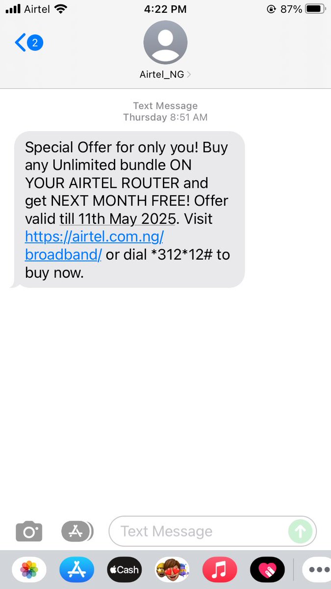 Uzzi3's tweet photo. Dear @AirtelNigeria I received the message below informing me of a special offer on my smart router.I bought the bundle but this offer did not reflect on my account. Kindly advise https://t.co/ittuWLnGpj