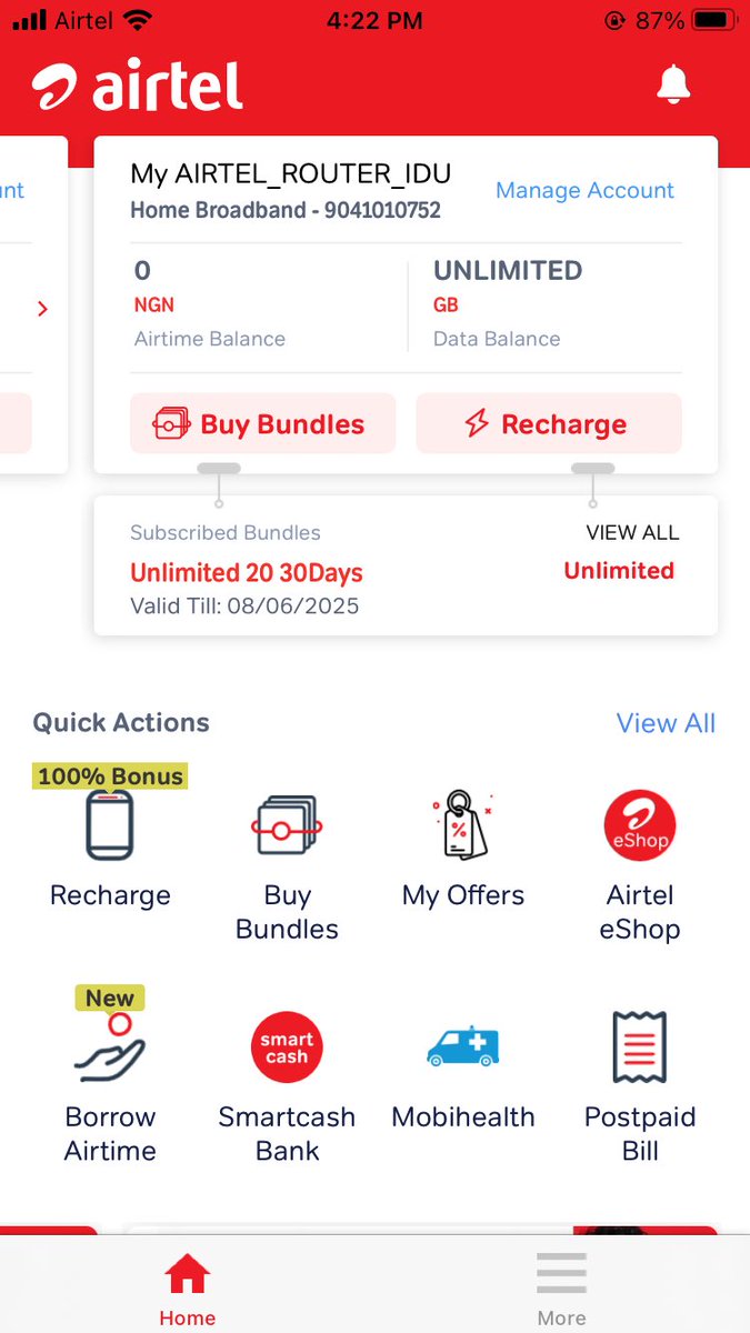 Uzzi3's tweet photo. Dear @AirtelNigeria I received the message below informing me of a special offer on my smart router.I bought the bundle but this offer did not reflect on my account. Kindly advise https://t.co/ittuWLnGpj