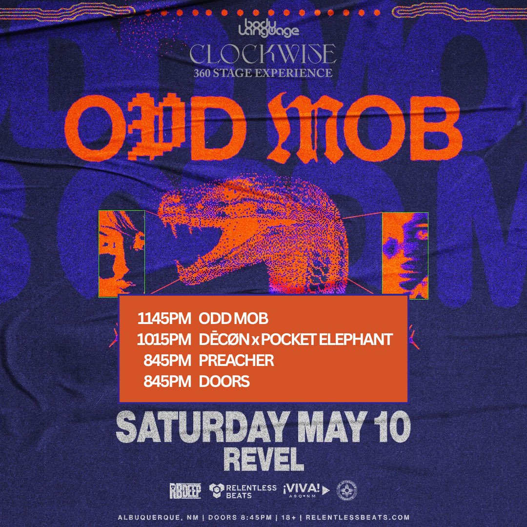 vivaabq's tweet photo. ๐คฏ T O N I G H T ๐คฏ
Weโre going absolute mental with @ODD_MOB for the #CLOCKWISE360 Stage Experience at Revel
DฤCรN b2b POCKET ELEPHANT and PREACHER are kicking off thr vibe!
See your beautiful faces on the dancefloor
Doors 845pm
Ends 115am
Remaining tickets ๐ https://t.co/UZKfEFvo9G