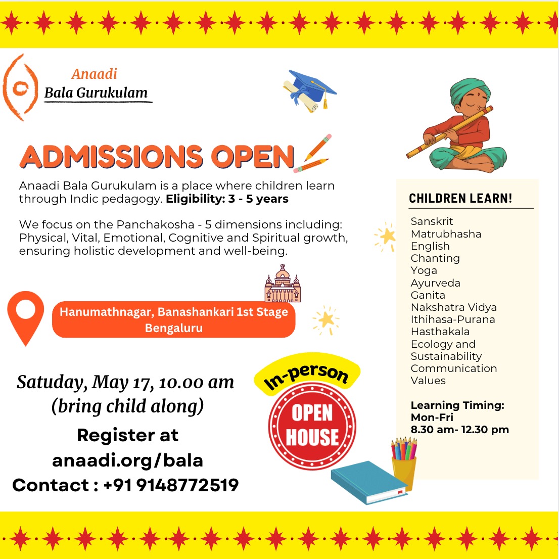 *Anaadi Bala Gurukulam, Banashankari-Bengaluru*

Indic Learning space for children aged 3-5 years

*In-person Open House*: May 17, 10.00 am
 - Meet the teachers and founders

Details at anaadi.org/bala
Recording of Online Open House at anaadi-foundation.odoo.com/r/ItJ