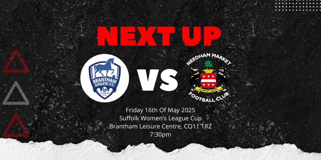 NMFCWomen's tweet image. CUP FINAL FOR DEVS THIS COMING FRIDAY 👀

📆   Friday 16th Of May 2025

🆚   Brantham Athletic 

🏟   Brantham Leisure Centre, CO11 1RZ

⏱   7:30pm

🏆   League Cup Final 

#NMFCWomen