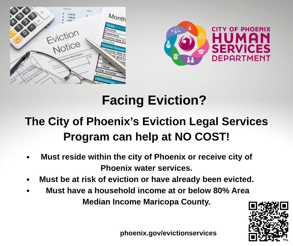 You might be eligible for free help if you are facing the possibility of an eviction or have already been served notice. Contact us to learn more about the City of Phoenix’s Eviction Legal Assistance Program. Phoenix.gov/evictionservic…