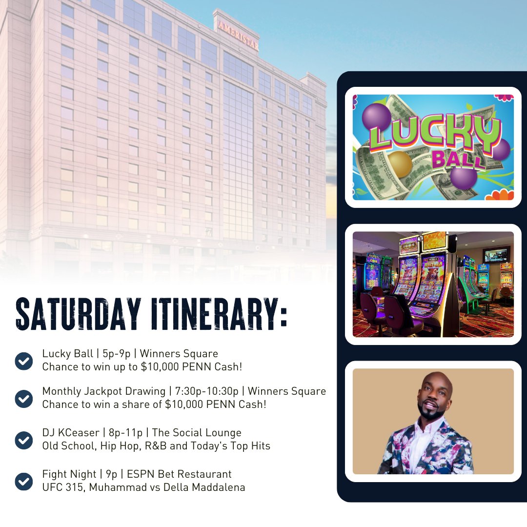 Happy Saturday! Who's ready for an action-packed evening? 💰🎤🥊🍻 

Check out our promotions and events page for more details: bit.ly/4k9Gqhs