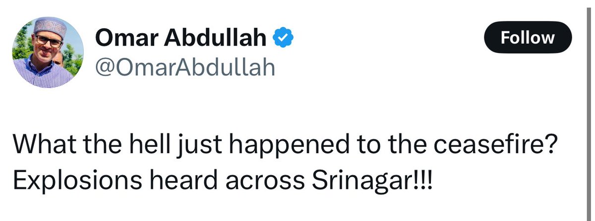 سعود حافظ | Saud Hafiz (@saudrahman27) on Twitter photo J&K 🇮🇳 CM <a href="/OmarAbdullah/">Omar Abdullah</a> tweeted that explosions heard again across #Srinagar.
Pakistan violated the ceasefire agreement!! J&K 🇮🇳 CM <a href="/OmarAbdullah/">Omar Abdullah</a> tweeted that explosions heard again across #Srinagar.
Pakistan violated the ceasefire agreement!!