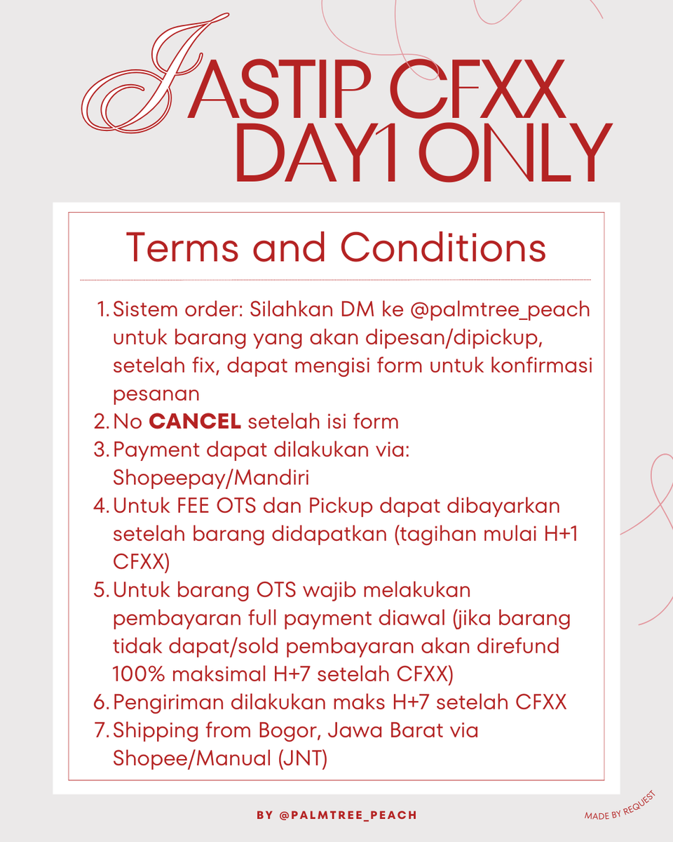 palmtree_peach's tweet photo. [RT &amp; Likes are appreciated]  

💫 OPEN JASTIP CFXX DAY 1 ONLY 💫

☆ jastip OTS &amp; pickup 
☆ details fee &amp; tnc in pict 
☆ close day 1 (24 Mei 2025 pukul 08.59 AM WIB yah)

💌 DM for order ! / mau tanya-tanya dulu boleh

#jastipcfxx #jastipcf #jastipcomifuro #jastip https://t.co/mSYKnEhzAH