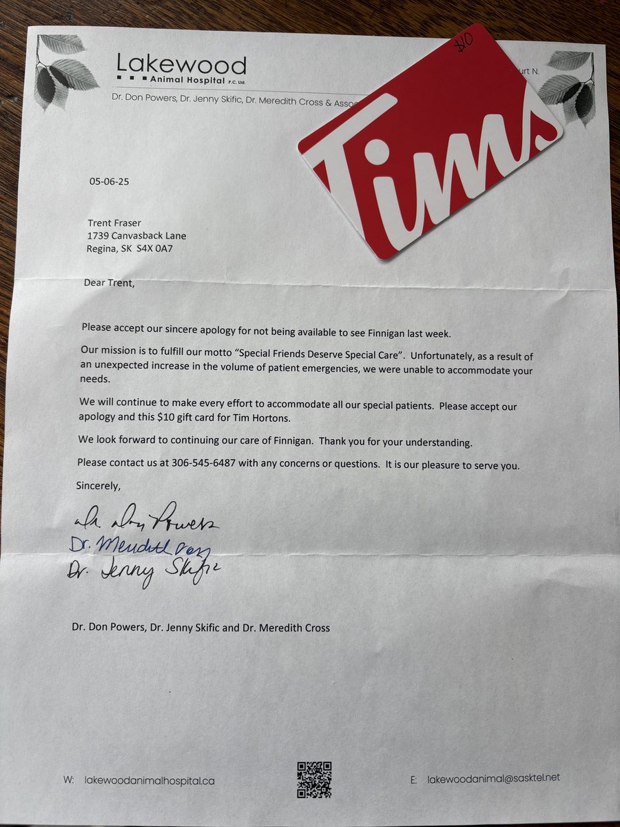FraserStrategy's tweet image. We wanted to give a shout out to @Lakewood_Animal for following up with @TimHortonsYQR gift card simply because my wife wasn’t able to get one of our dogs in (due to the fact that this hospital is very busy). Truly unexpected but totally appreciated. #CustomerService