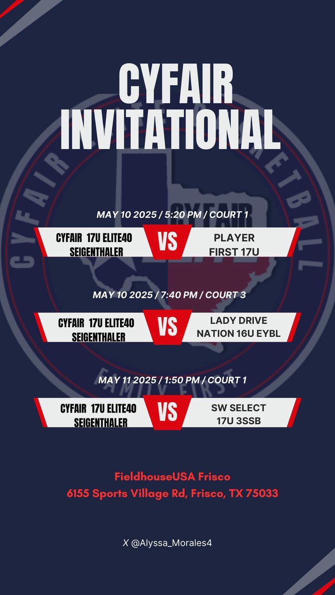 Alyssa Morales (@alyssa_morales4) on Twitter photo We want all the smoke…💨 <a href="/CyFairOklahoma/">CyFair Elite Oklahoma</a>
Come out and watch me and my teammates compete at the Cyfair invitational today!
Schedule Below⬇️⬇️
<a href="/ambermathurin/">Amber Mathurin</a> <a href="/seigenthaler03/">Kris Seigenthaler</a> <a href="/jamberbball/">Jamber Basketball</a> We want all the smoke…💨 <a href="/CyFairOklahoma/">CyFair Elite Oklahoma</a>
Come out and watch me and my teammates compete at the Cyfair invitational today!
Schedule Below⬇️⬇️
<a href="/ambermathurin/">Amber Mathurin</a> <a href="/seigenthaler03/">Kris Seigenthaler</a> <a href="/jamberbball/">Jamber Basketball</a>