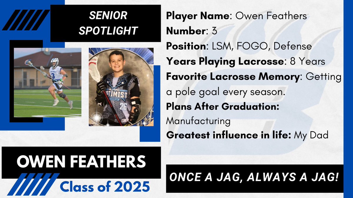 ⭐️Senior Spotlight⭐️ Today we celebrate our Team Captain, Owen Feathers. Thank you Owen for your dedication and contributions to the Hilliard Bradley Lacrosse program! Once a Jag, always a Jag! 🥍